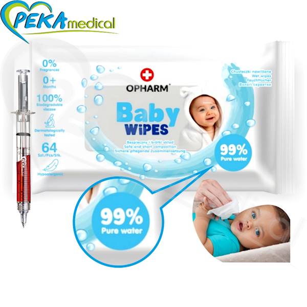 Opharm Baby Wet Wipes 64 szt Chusteczki nawilżane dla dzieci 99% czystej wody