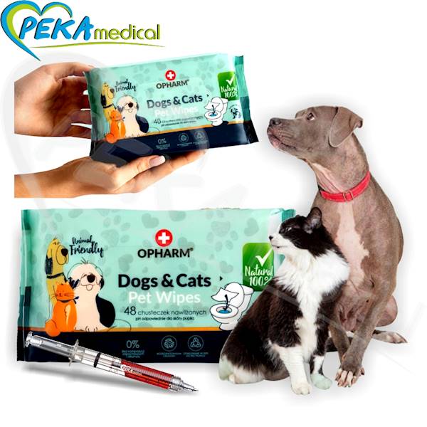 Opharm Pet Wipes Dog & Cats 48 sztuk Papierowe chusteczki nawilżane do pielęgnacji zwierząt