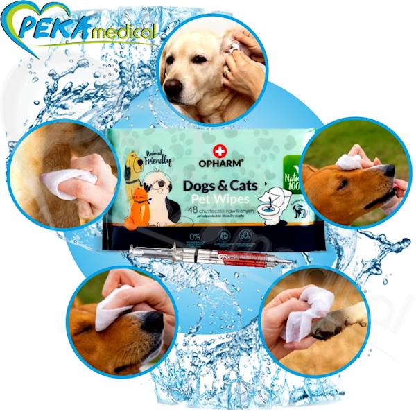 Opharm Pet Wipes Dog & Cats 48 sztuk Papierowe chusteczki nawilżane do pielęgnacji zwierząt