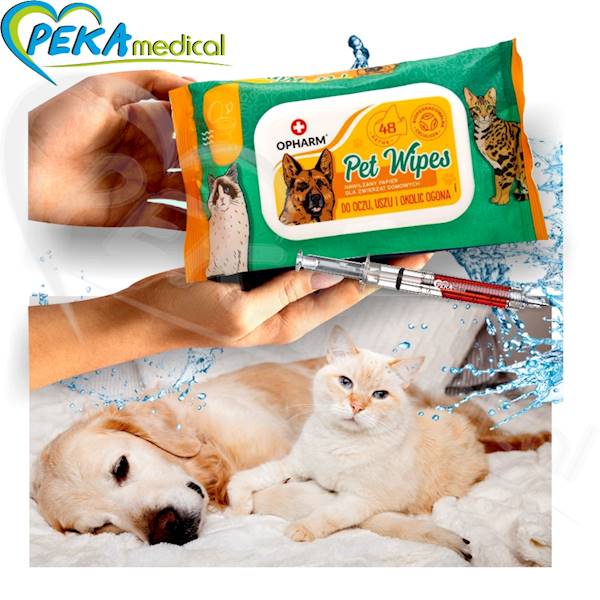Opharm Pet Wipes do oczu uszu i okolic ogona 48 sztuk Chusteczki papierowe nawilżane dla zwierząt