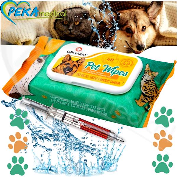 Opharm Pet Wipes do oczu uszu i okolic ogona 48 sztuk Chusteczki papierowe nawilżane dla zwierząt