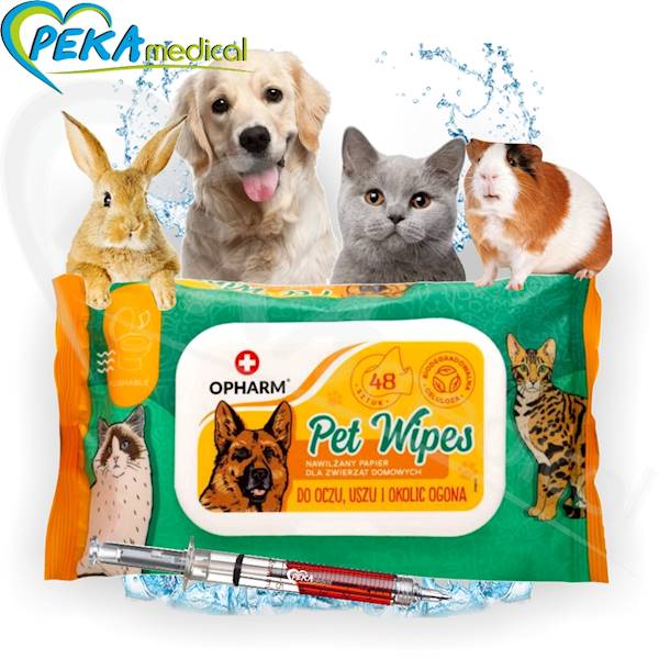 Opharm Pet Wipes do oczu uszu i okolic ogona 48 sztuk Chusteczki papierowe nawilżane dla zwierząt