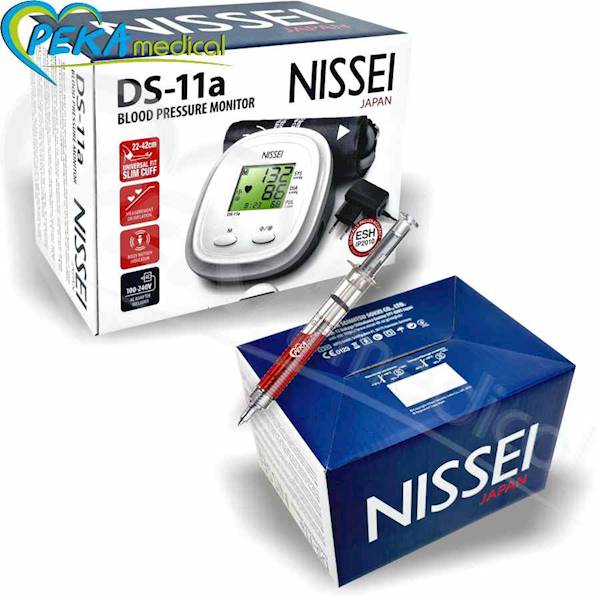 Nissei DS-11A Japoński ciśnieniomierz naramienny automatyczny elektroniczny arytmia z zasilaczem