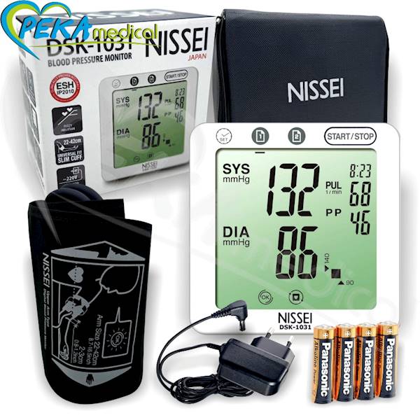 Nissei DSK-1031A Japoński ciśnieniomierz naramienny automatyczny elektroniczny arytmia z zasilaczem