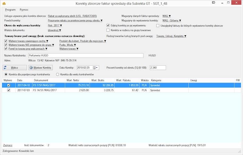 Program Korekty Zbiorcze Sprzedaży Sub GT+SFERA
