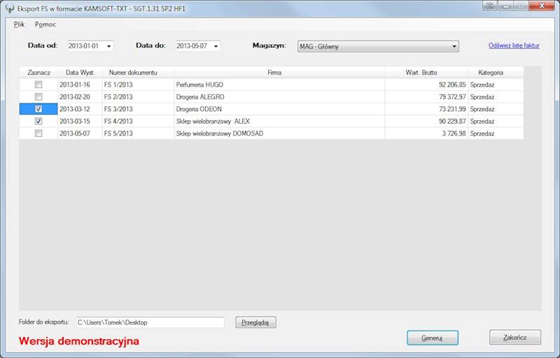 Program Eksport Faktur FS do formatu Kamsoft-TXT