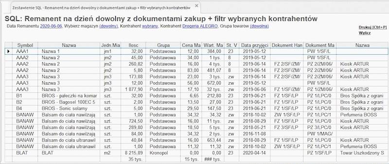 Zestawienie Remanent z dokumentami zakupu