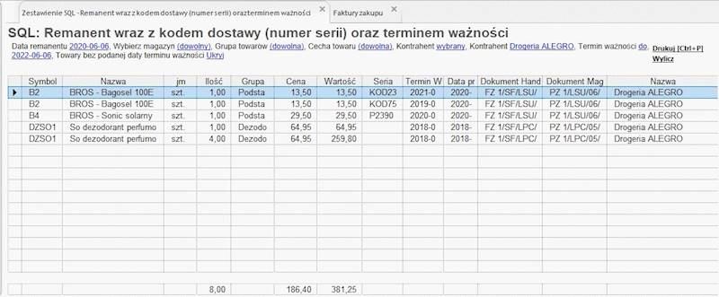 Zestawienie Remanent Terminy ważności/Nr Serii