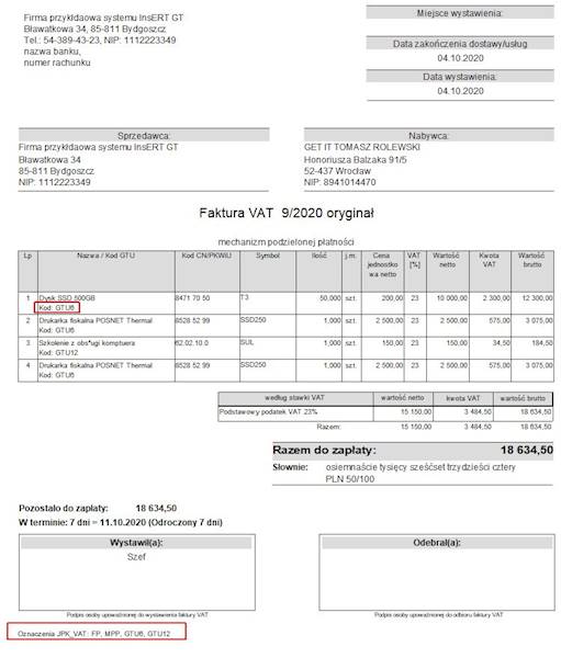 Wzorzec wydruku faktury do Subiekt GT JPK/GTU