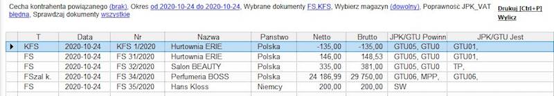 Zest. kontroli kodów GTU/JPK dla Subiekta