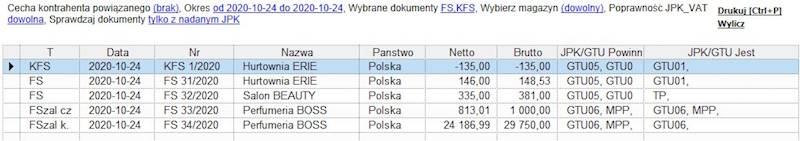 Zest. kontroli kodów GTU/JPK dla Subiekta