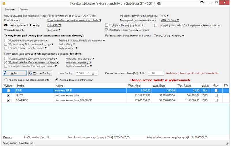 Program Korekty Zbiorcze Sprzed. dla SGT 1 rok abo