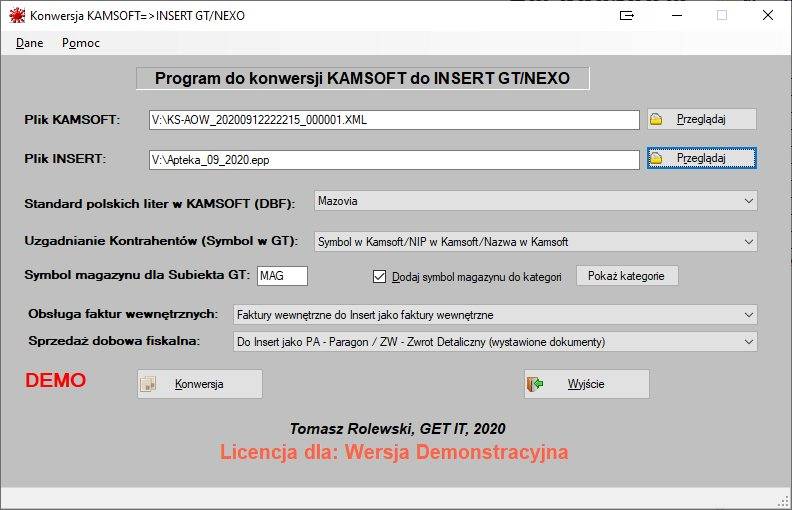 Program do konwersji danych KAMSOFT- INSERT 1 rok