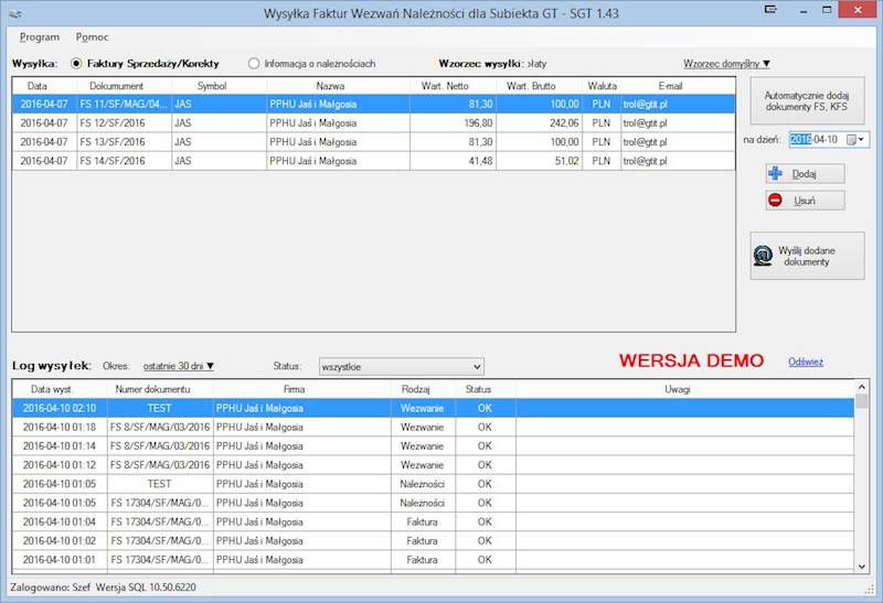 Program do Wysyłki Faktur Należności Wezwań 1 rok