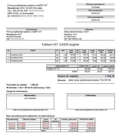 Wzorzec wydruku faktury do Subiekt GT Należności