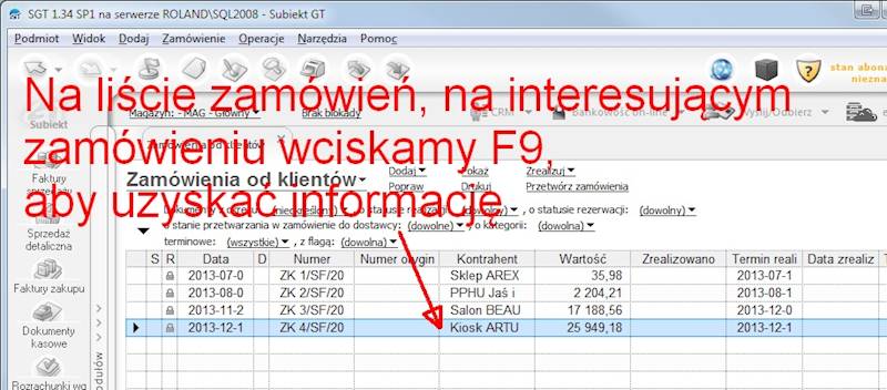 Transformata do podglądu zamówień dla Subiekt GT
