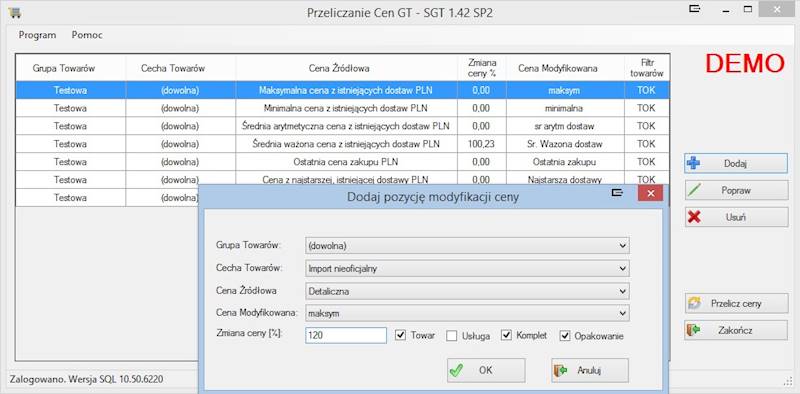 Program Przeliczanie Cen dla INSERT GT