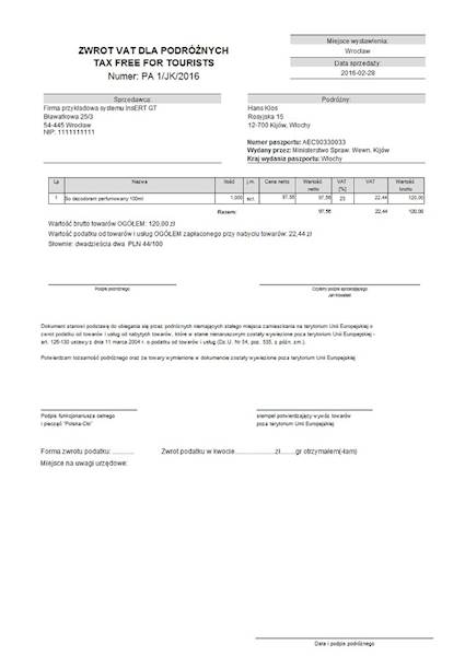 Wzorzec wydruku TAX Free do Subiekt GT