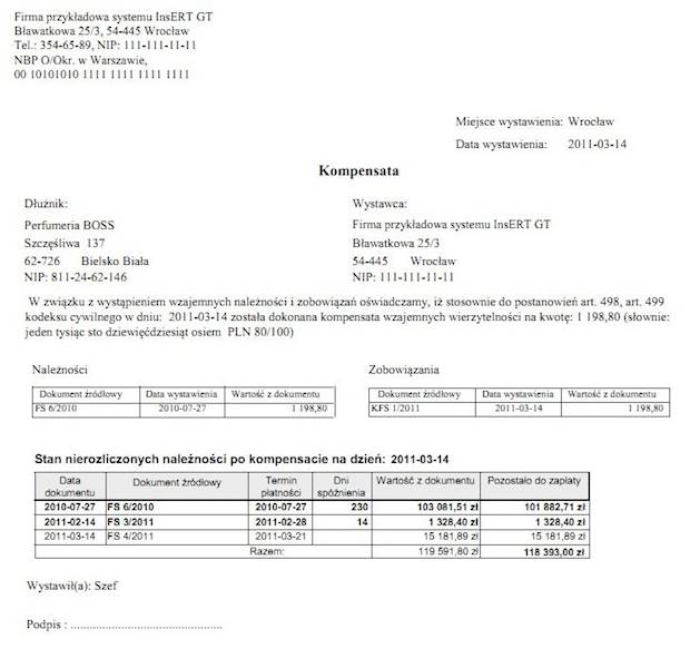 Wzorzec wydruku kompensaty z należnościami