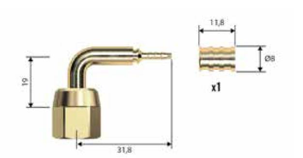 Przyłącze kątowe 1/4" x DN2 z nakrętką + uszczelka
