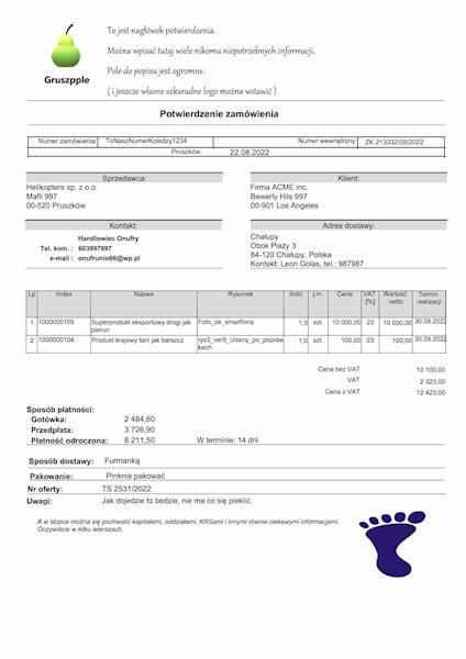 Wzorzec wydruku dla Subiekta GT - Potwierdzenie zamówienia PL