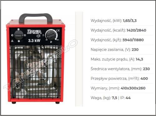 Nagrzewnica elektryczna TERM-DAN  3,3 kW 