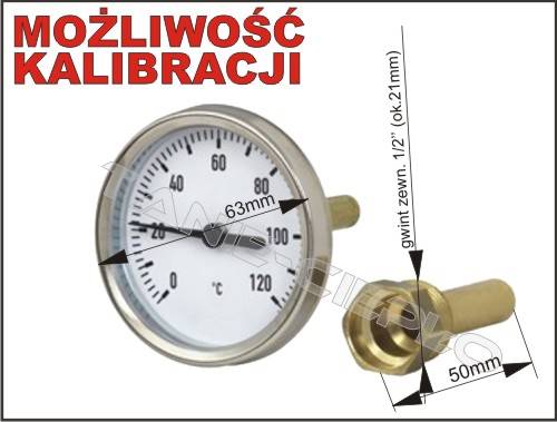 WAT 10005800 Termometr 0-120st 63mm bimet. z tulej