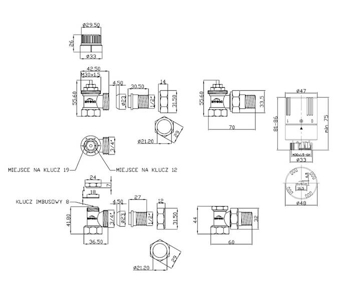 INV Zestaw termostatyczny KĄT T03-K 1/2" zawory