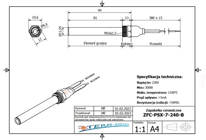 Zapalarka ceramiczna PSX-7-240-B do kotłów i palników Skiepko, Eco-Palnik Defro Viessmann