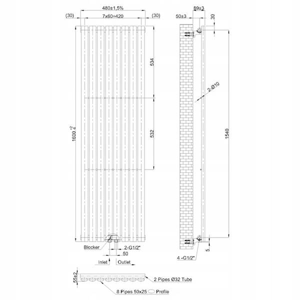 Grzejnik dekoracyjny 1800x480 MONO Biały 10-B18