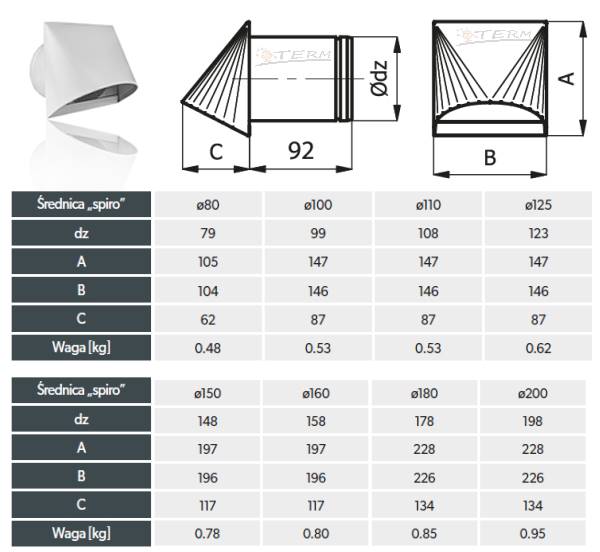 TERM Nawietrzak 160 BIAŁY z anemostatem + rura