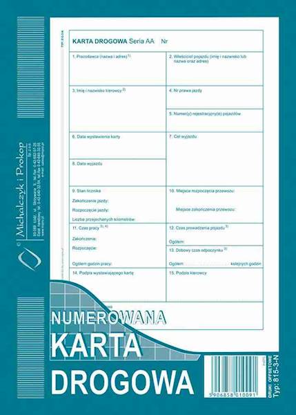 KARTA DROGOWA A5 NUMEROWANA 815-3N