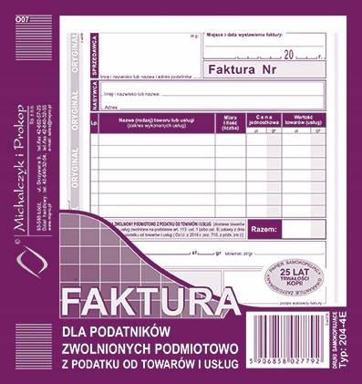 FAKTURA 2/3A5 DLA PODATNIKÓW ZWOLNIONYCH 204-4E