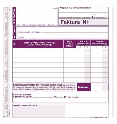 FAKTURA 2/3A5 DLA PODATNIKÓW ZWOLNIONYCH 204-4E