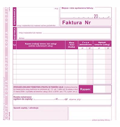 FAKTURA 2/3A5 DLA PODATNIKÓW ZWOLNIONYCH 204-4E