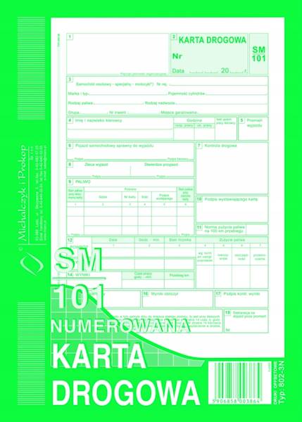 KARTA DROGOWA A5  SM/101 NUMEROWANA  802-3N