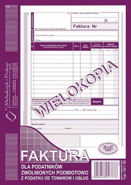 FAKTURA DLA ZW. PODM. Z PODATKU A5 PION W  201-3E