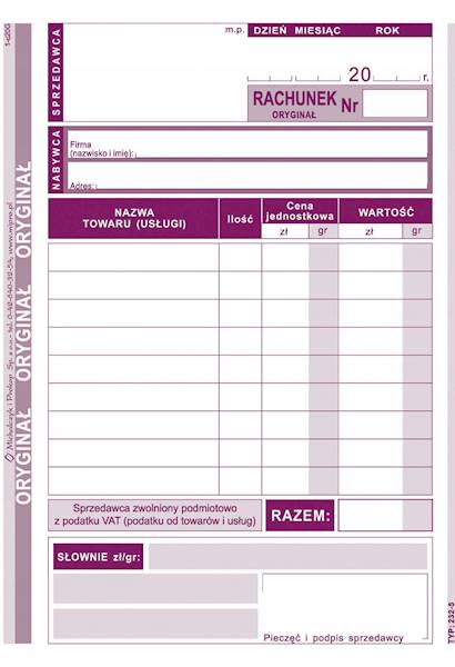 RACHUNEK DLA ZW. Z VAT A6 PION 232-5