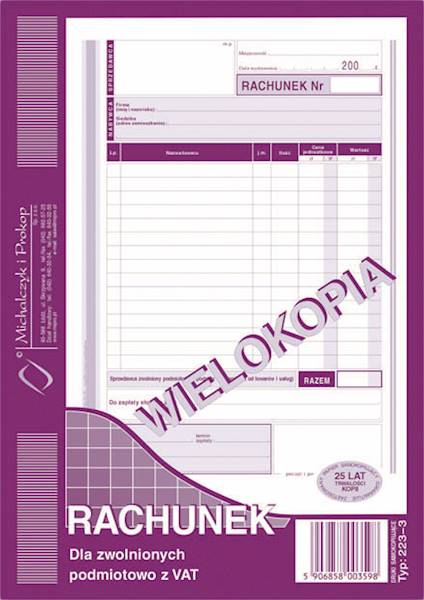 RACHUNEK DLA ZWOLNIONYCH POD. Z VAT A5 223-3