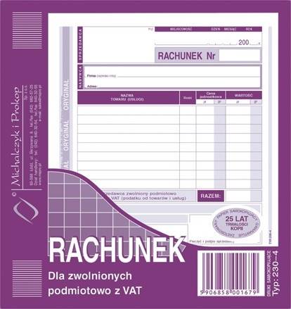 Rachunek 2/3 A5 dla zwolnionych z Vat 230-4