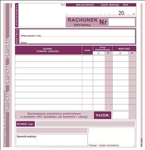Rachunek 2/3 A5 dla zwolnionych z Vat 230-4