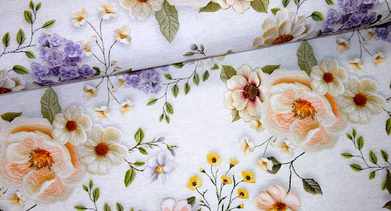 Tkanina obrusowa kwiaty efekt wyszywania