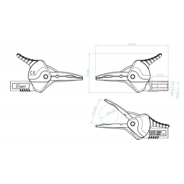 Krokodylek, gn.4mm, 20A, 600V, CAT IV, czerwony