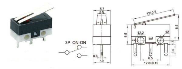 Przełącznik krańcowy mini dźwignia 13mm 