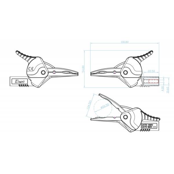 Krokodyl, gn.4mm, 20A, 600V, CAT IV, czerwony