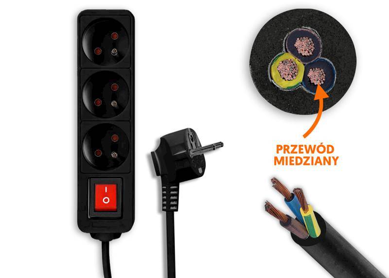 Przedłużacz 3G 1,5m z wyłącznikiem czarny