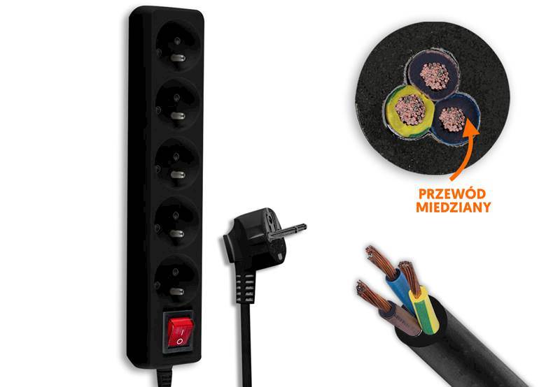Przedłużacz 5G 5m z wyłącznikiem czarny