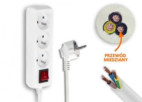Przedłużacz 3G 1,5m z wyłącznikiem biały