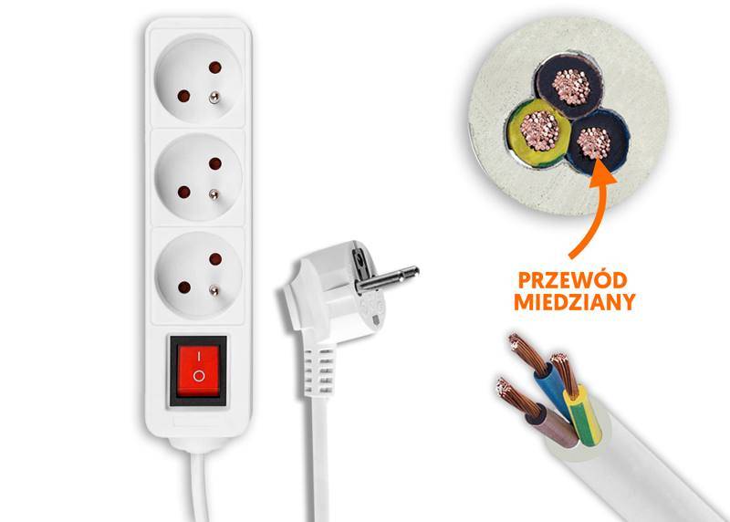 Przedłużacz 3G 3m z wyłącznikiem biały