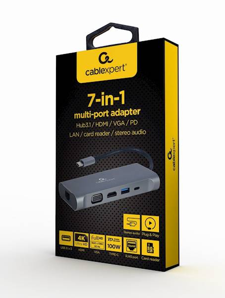 ADAPTER 7w1 USB-C - HDMI | VGA | USB 3.0 | USB-C | GbE | AUDIO | SD GEMBIRD